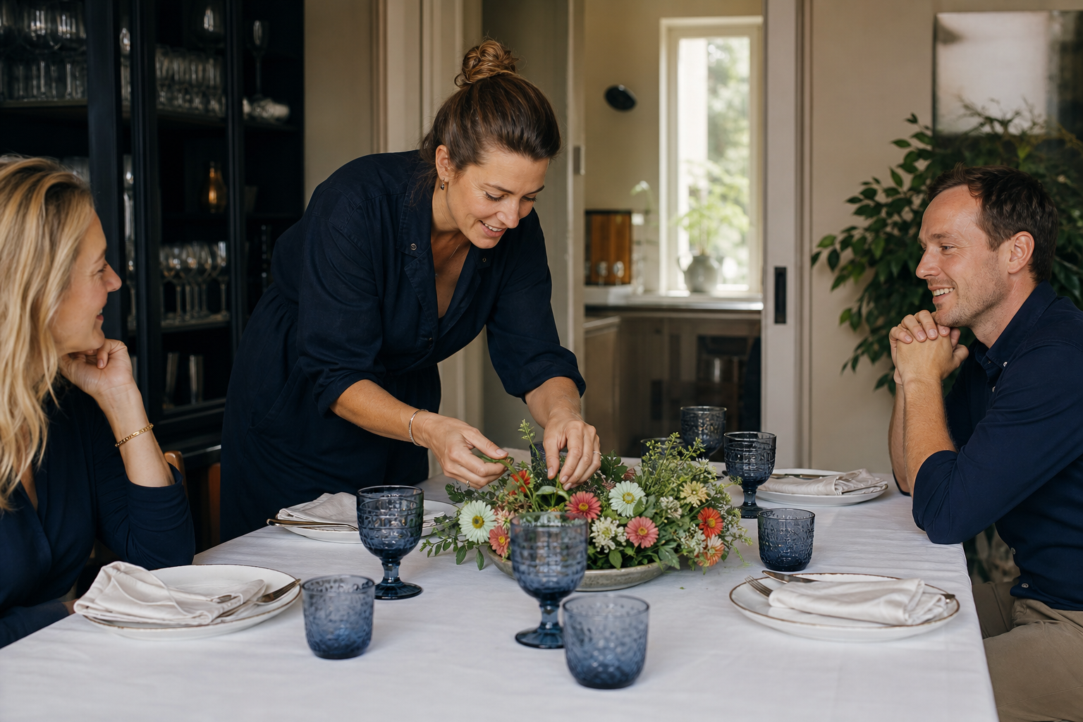 Een laag bloemstuk wordt geschikt terwijl gasten elkaar vrij over tafel kunnen aankijken