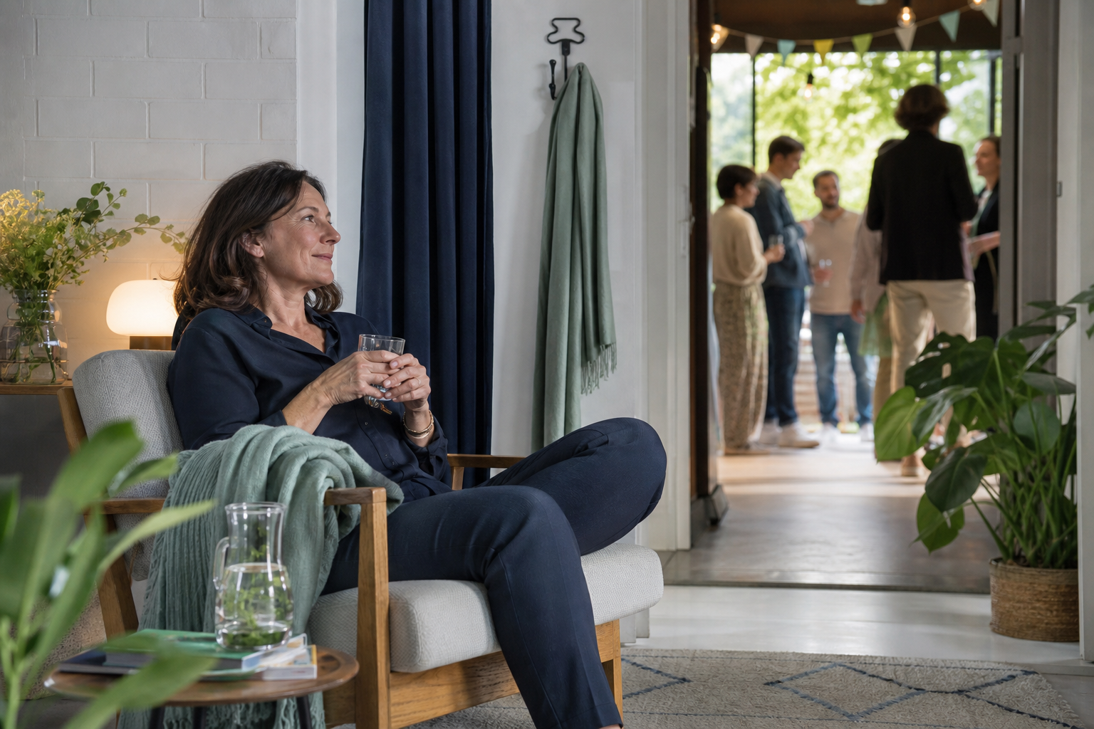 Een vrouw ontspant met een glas water in een rustige hoek naast een levendig feest