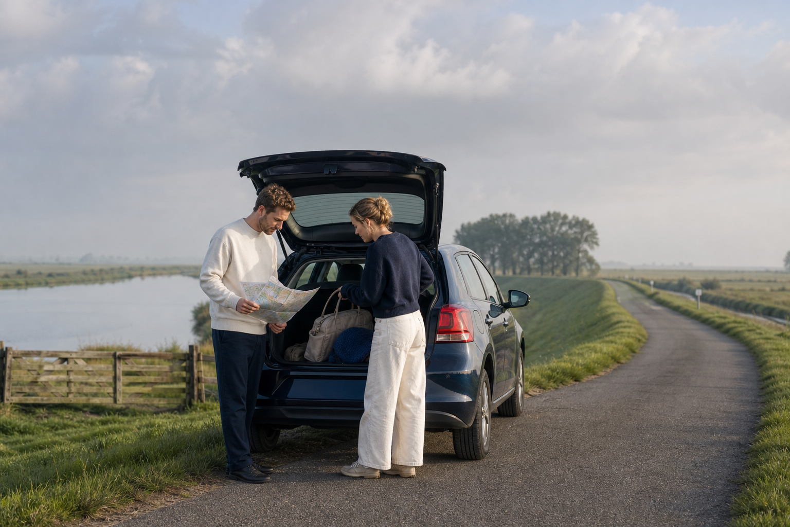 Twee reizigers bekijken een wegenkaart bij de open achterklep van een auto langs een polderweg