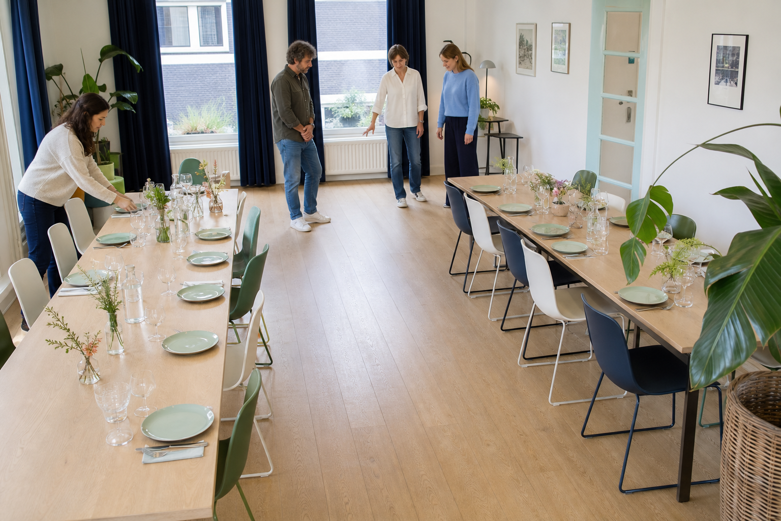 Mensen testen twee gedekte tafels met een brede vrije looproute ertussen