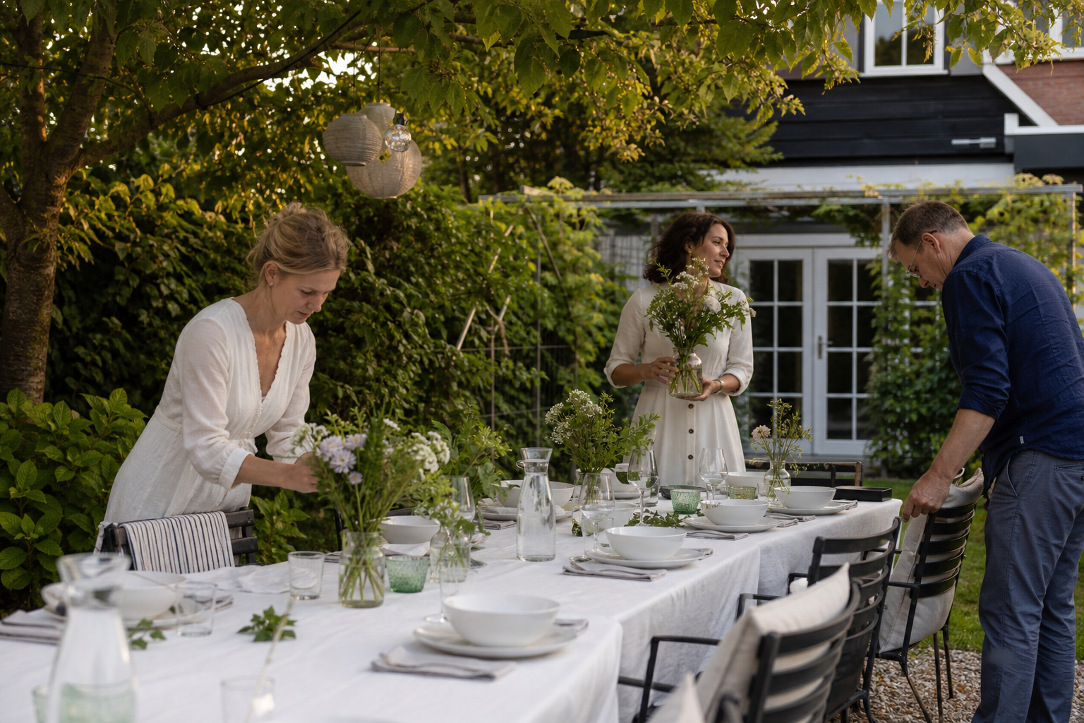 Drie mensen dekken een lange tafel in een groene achtertuin voor een zomers etentje
