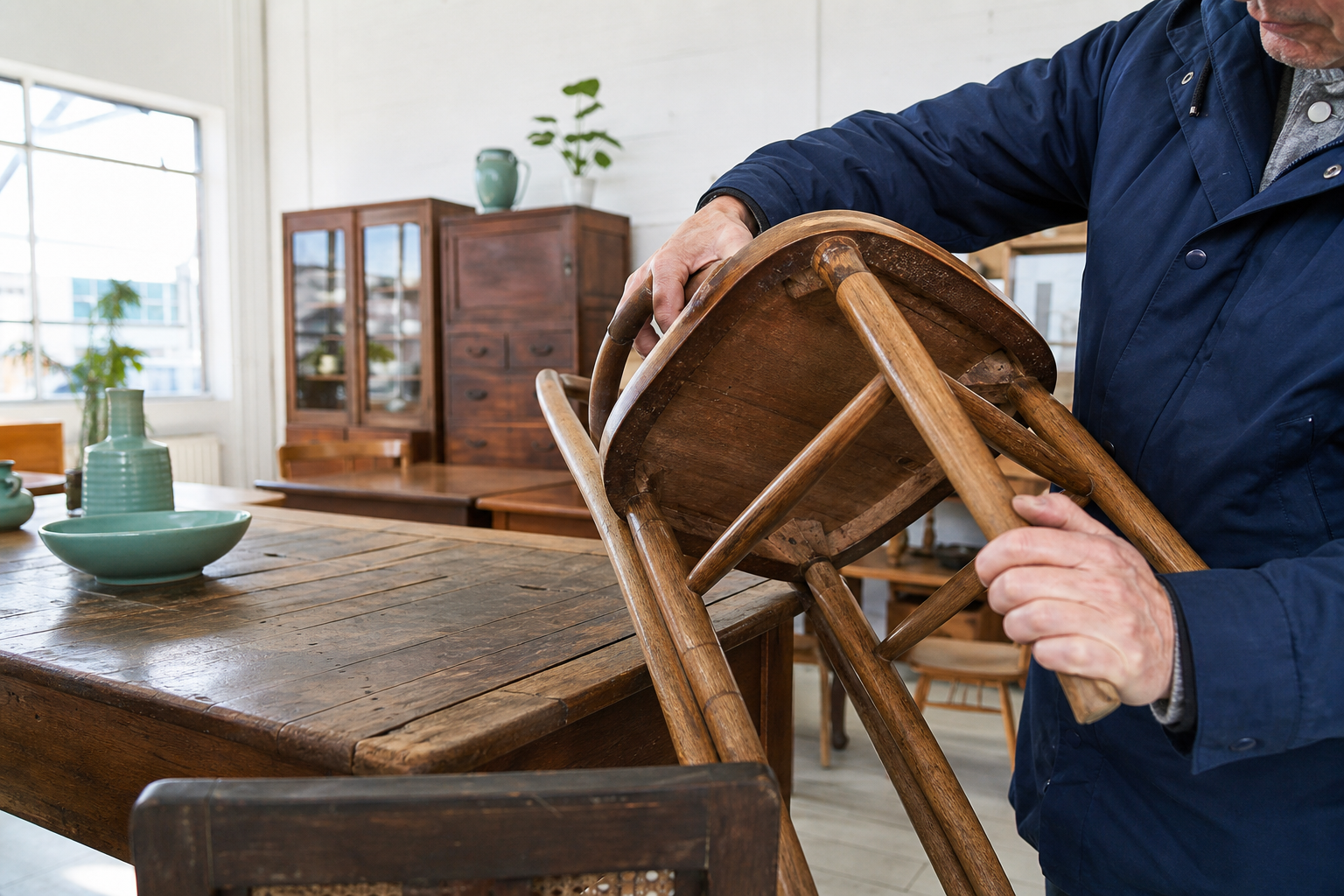 Een bezoeker bekijkt de houten verbindingen van een tweedehands stoel
