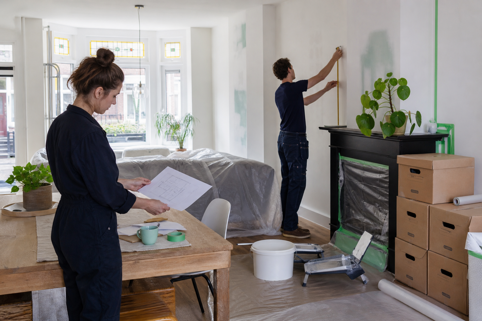 Twee bewoners meten een muur en bekijken een plan in een afgedekte woonkamer